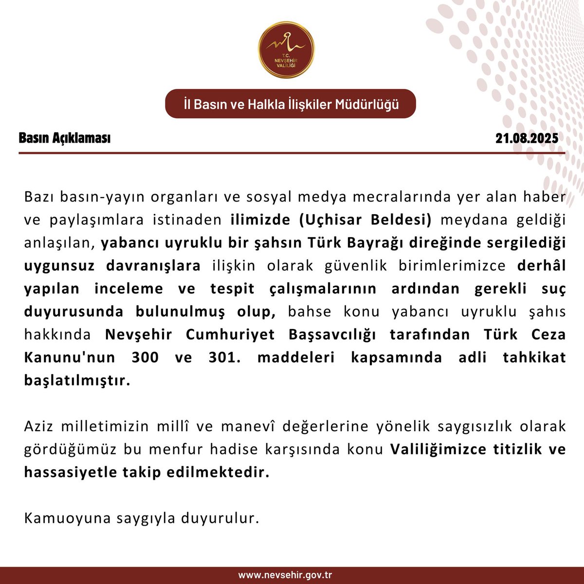 Nevşehir'de Türk Bayrağına Saygısızlık: Yabancı Uyruklu Şahıs Hakkında Açıklama