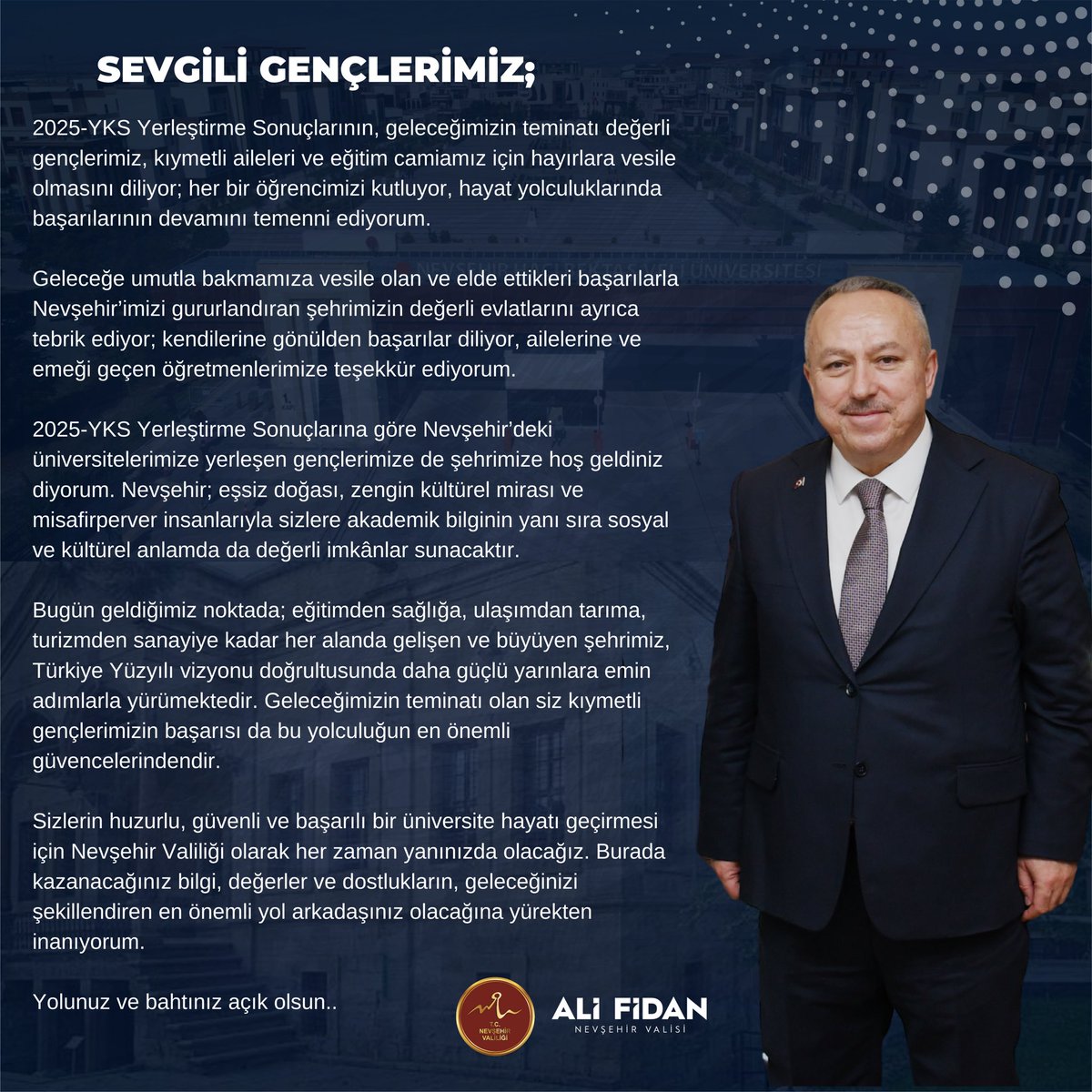 2025 YKS Yerleştirme Sonuçları İçin Nevşehir Valisi Fidan'dan Önemli Mesaj